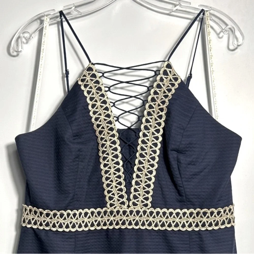 Lilly Pulitzer Golden Embroiled Trista Cotton Shift Halter Neck Dress Navy Blue